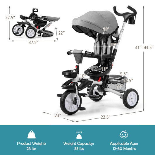 6-in-1 Detachable Kids Baby Stroller Tricycle with Canopy and Safety Harness-Gray - Color: Gray