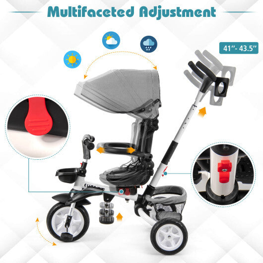 6-in-1 Detachable Kids Baby Stroller Tricycle with Canopy and Safety Harness-Gray - Color: Gray