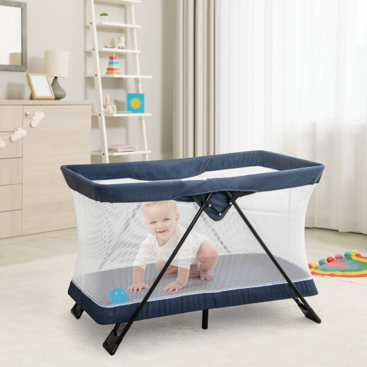 Foldable Baby Playpen with Removable Mattress and Washable Cover - Color: Navy