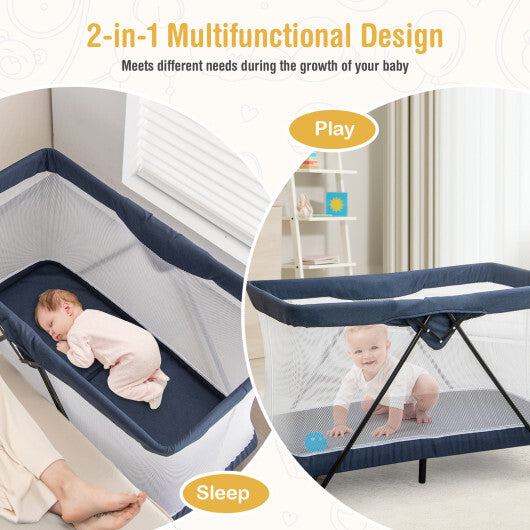 Foldable Baby Playpen with Removable Mattress and Washable Cover - Color: Navy