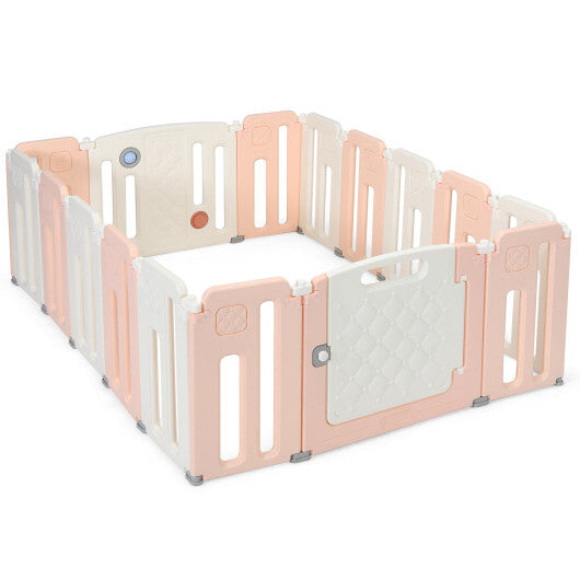 16 Panels Baby Safety Playpen with Drawing Board-Pink - Color: Pink