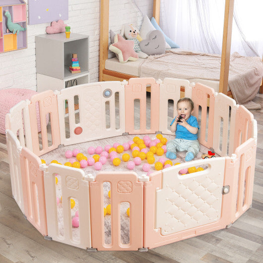 16 Panels Baby Safety Playpen with Drawing Board-Pink - Color: Pink