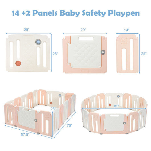 16 Panels Baby Safety Playpen with Drawing Board-Pink - Color: Pink