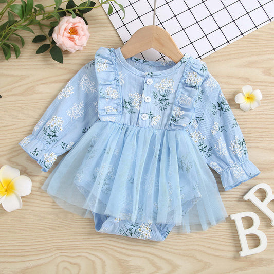 Baby Girl 1pcs Allover Grass Embroidered Graphic Mesh Overlay Dress Longsleeve Onesies