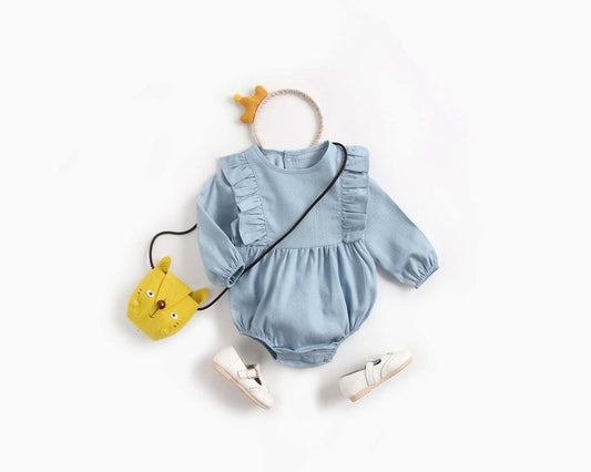 Baby Girl Solid Color Ruffle Design Denim Long Sleeved Bodysuit Onesies