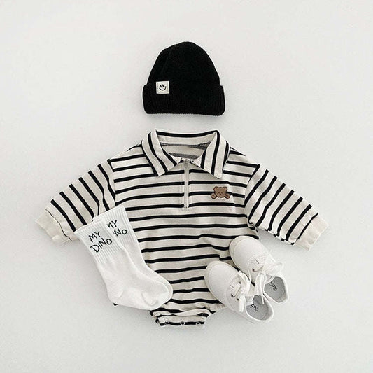 Baby Striped & Cartoon Patched Graphic Polo Neck Long Sleeves Bodysuit Onesies