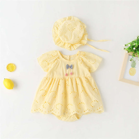 Baby Girl 1pcs Solid Color Hollow Carved Design Bow Onesies Dress