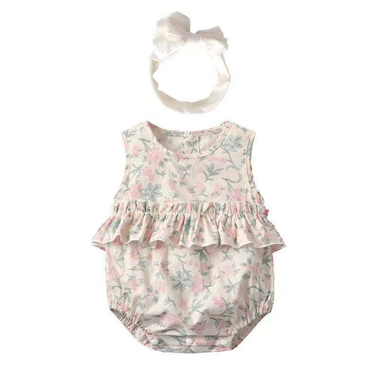 Baby Girl Floral Print Graphic Ruffle Design Sleeveless Onesies & Headband