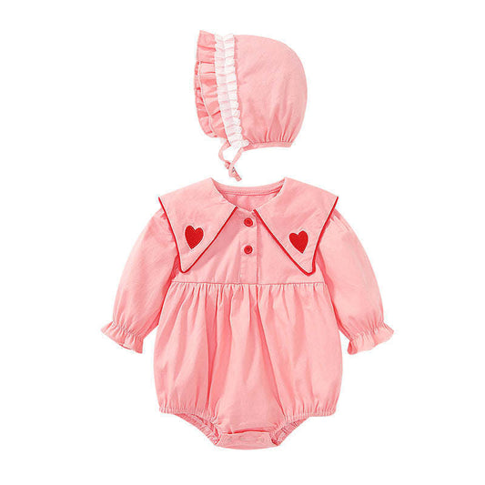 Baby Girl Solid Color Heart Embroidered Design Lapel Cute Bodysuit Onesies