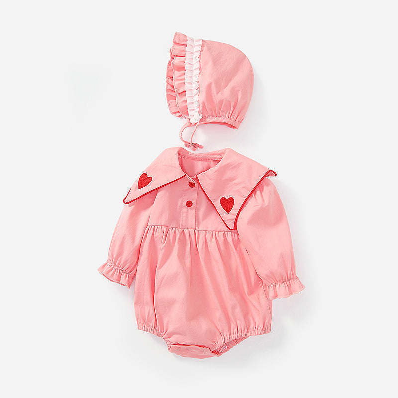 Baby Girl Solid Color Heart Embroidered Design Lapel Cute Bodysuit Onesies