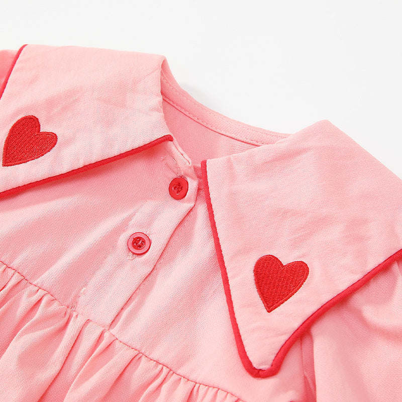 Baby Girl Solid Color Heart Embroidered Design Lapel Cute Bodysuit Onesies
