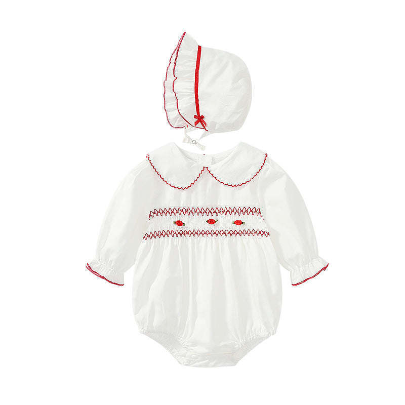 Baby Girl Floral Embroidered Pattern Doll Neck Long Sleeve Onesies
