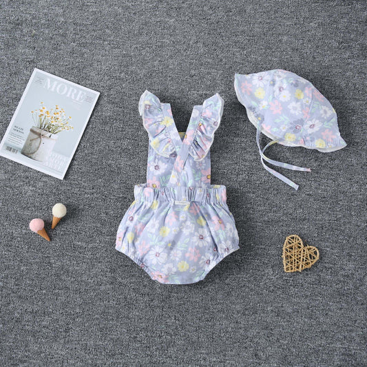 Baby Girl 1pcs Allover Floral Graphic Ruffle Onesies With Belted Hat