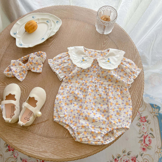 Baby Girl Floral Print Embroidered Collar Design Doll-Neck Onesies