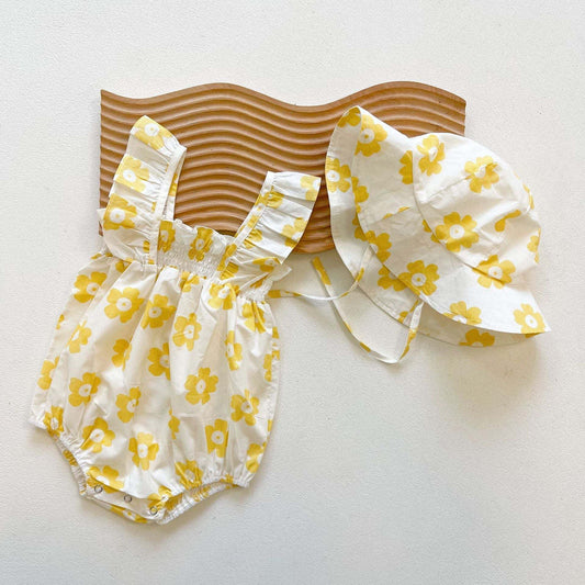 Baby Girl Floral Print Ruffle Design Sleeveless Crotch Onesies Bodysuit