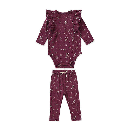 Baby Girl Ditsy Flower Pattern Ruffle Design Onesies With Pants Sets