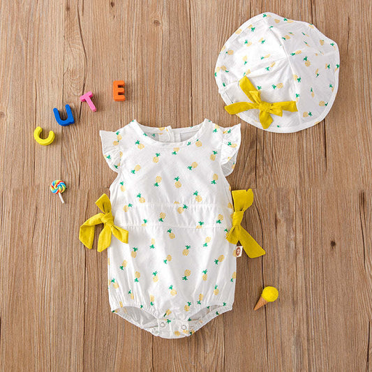 Baby Girl Fruit Print Drawstring Design Round Neck Onesies