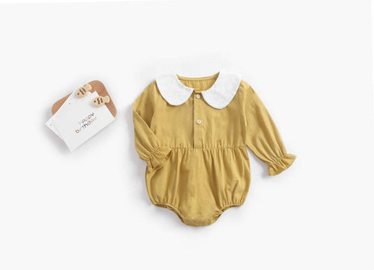 Baby Girl Doll Collar Design Solid Color Long Sleeve Onesies With Buttons