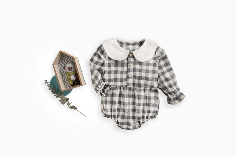 Baby Girl Plaid Pattern Doll Collar Design Long Sleeve Onesies With Buttons