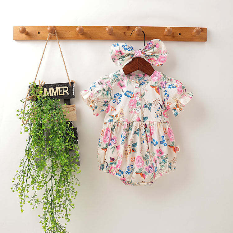 Baby Girl Floral Pattern Round Collar Bubble Sleeve Cute Onesies With Bow Hair Rope