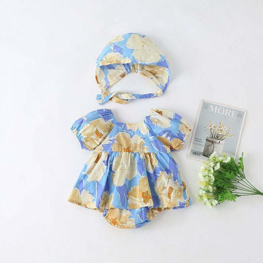 Baby Girls Floral Print Puff Sleeves Design Square Collar Onesies Dress In Summer With Hat