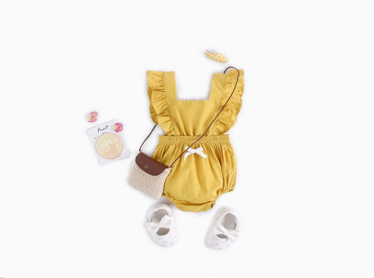 Baby Girl Square Collar Lace Design Denim Fabric Sleeveless Backless Onesies With Bow Decoration