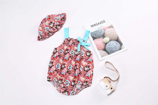 Baby 1pcs Allover Floral Print Bow Tie Patched Sleeveless Onesies & Hat