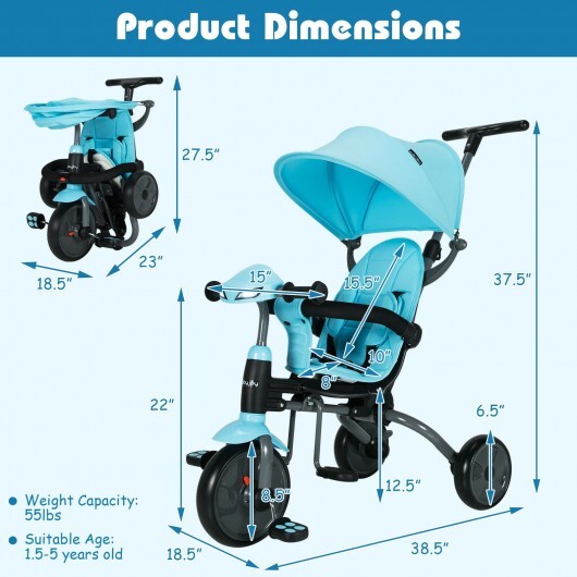 6-in-1 Foldable Baby Tricycle Toddler Stroller with Adjustable Handle-Blue - Color: Blue