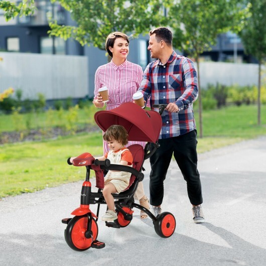 6-in-1 Foldable Baby Tricycle Toddler Stroller with Adjustable Handle-Red - Color: Red