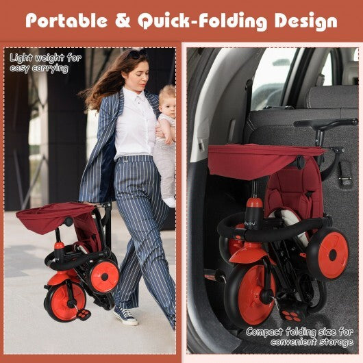 6-in-1 Foldable Baby Tricycle Toddler Stroller with Adjustable Handle-Red - Color: Red