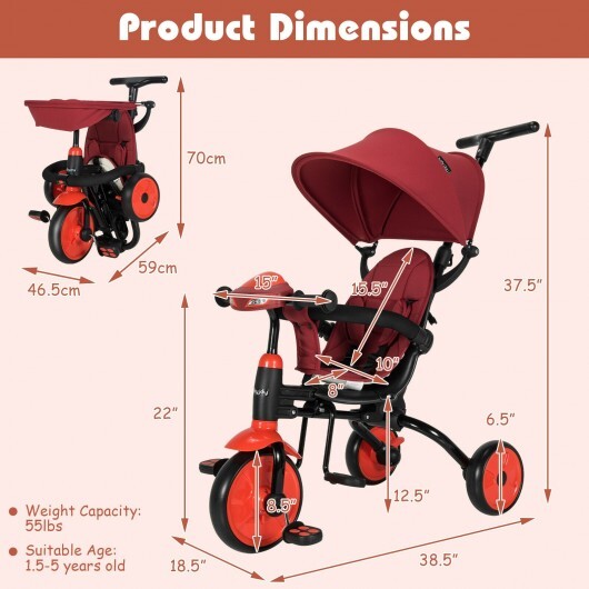 6-in-1 Foldable Baby Tricycle Toddler Stroller with Adjustable Handle-Red - Color: Red