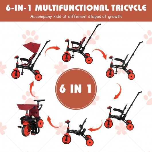 6-in-1 Foldable Baby Tricycle Toddler Stroller with Adjustable Handle-Red - Color: Red