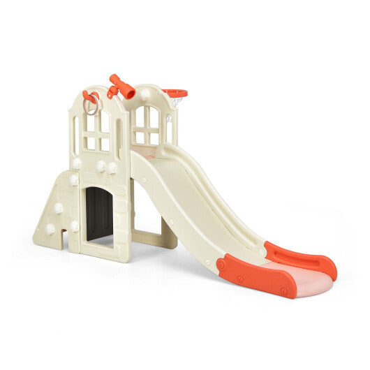 6-In-1 Large Slide for Kids Toddler Climber Slide Playset with Basketball Hoop-Pink - Color: Pink