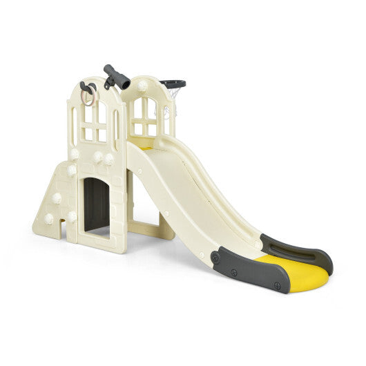 6-In-1 Large Slide for Kids Toddler Climber Slide Playset with Basketball Hoop-Yellow - Color: Yellow