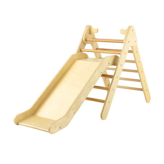 2-in-1 Wooden Triangle Climber Set with Gradient Adjustable Slide-Natural - Color: Natural