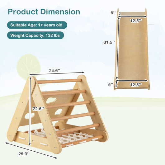 4 in 1 Triangle Climber Toy with Sliding Board and Climbing Net-Natural - Color: Natural