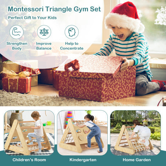 4 in 1 Triangle Climber Toy with Sliding Board and Climbing Net-Natural - Color: Natural