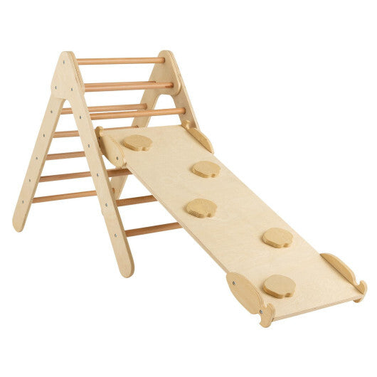 3-in-1 Wooden Climbing Triangle Set Triangle Climber with Ramp-Natural - Color: Natural