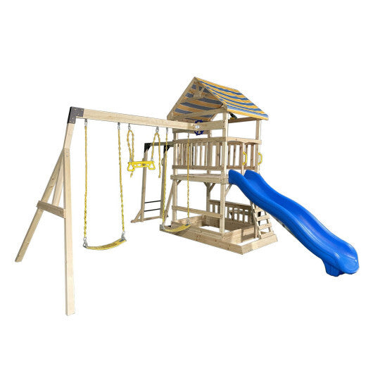 Wooden Swing Set with Large Upper Deck Slide and Steering Wheel - Color: Multicolor