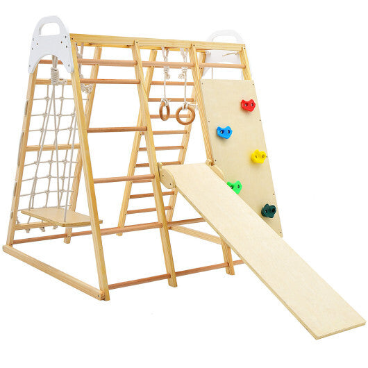 8-in-1 Wooden Jungle Gym Playset with Monkey Bars-Natural - Color: Natural