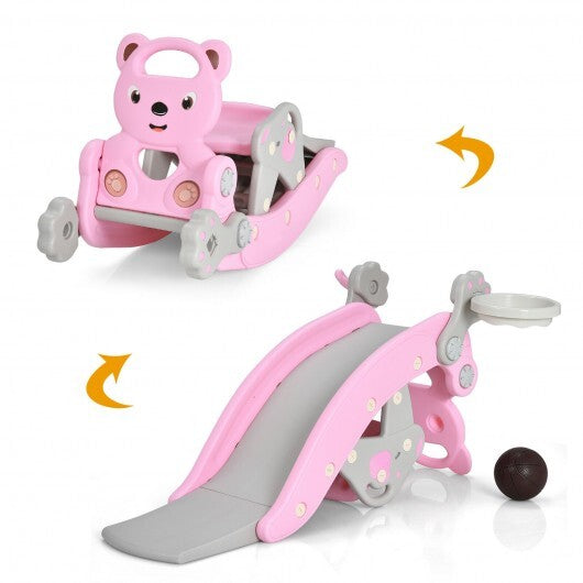 4-in-1 Toddler Slide and Rocking Horse Playset with Basketball Hoop-Pink - Color: Pink