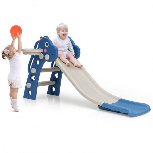 3-in-1 Kids Slide Baby Play Climber Slide Set with Basketball Hoop -Blue - Color: Blue