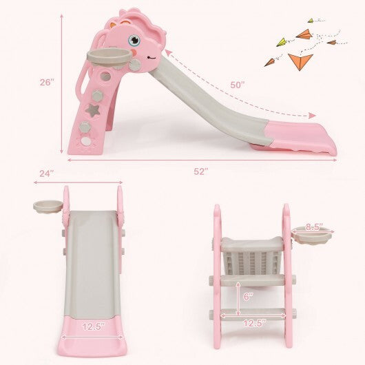 3-in-1 Kids Slide Baby Play Climber Slide Set with Basketball Hoop-Pink - Color: Pink