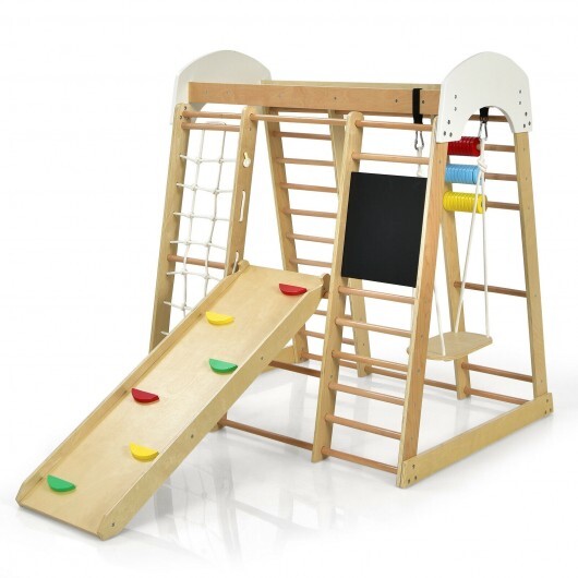 Indoor Playground Climbing Gym Wooden 8-in-1 Climber Playset for Children-Natural - Color: Natural