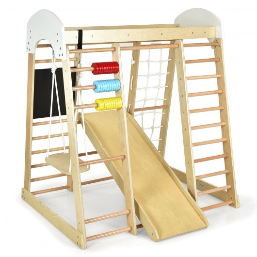 Indoor Playground Climbing Gym Wooden 8-in-1 Climber Playset for Children-Natural - Color: Natural