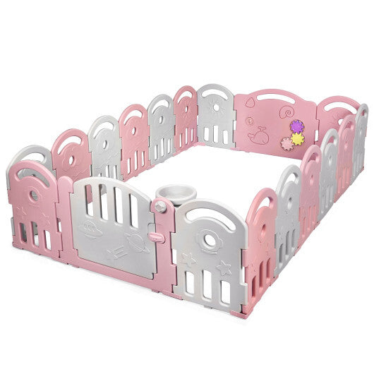 18-Panel Baby Playpen with Music Box & Basketball Hoop-Pink - Color: Pink