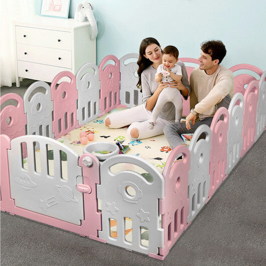 18-Panel Baby Playpen with Music Box & Basketball Hoop-Pink - Color: Pink