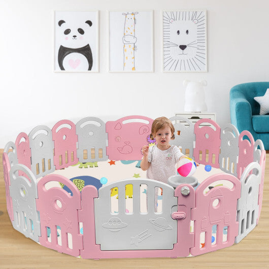 18-Panel Baby Playpen with Music Box & Basketball Hoop-Pink - Color: Pink