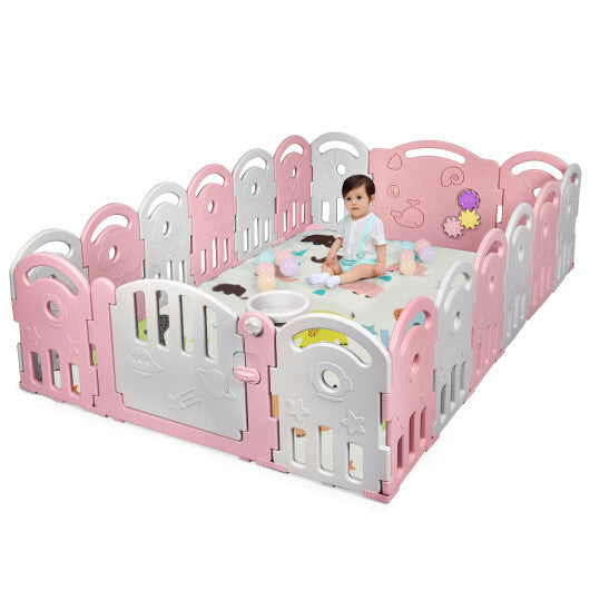 18-Panel Baby Playpen with Music Box & Basketball Hoop-Pink - Color: Pink