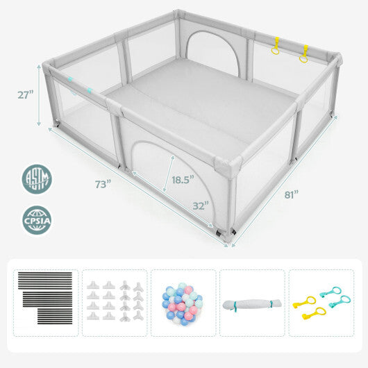 Large Infant Baby Playpen Safety Play Center Yard with 50 Ocean Balls-Gray - Color: Gray